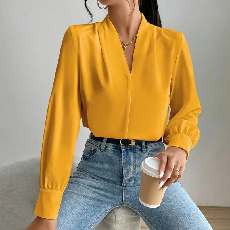 

New Satin Satin Shirt for Women Spring Autumn Loose V-neck Top Blouses