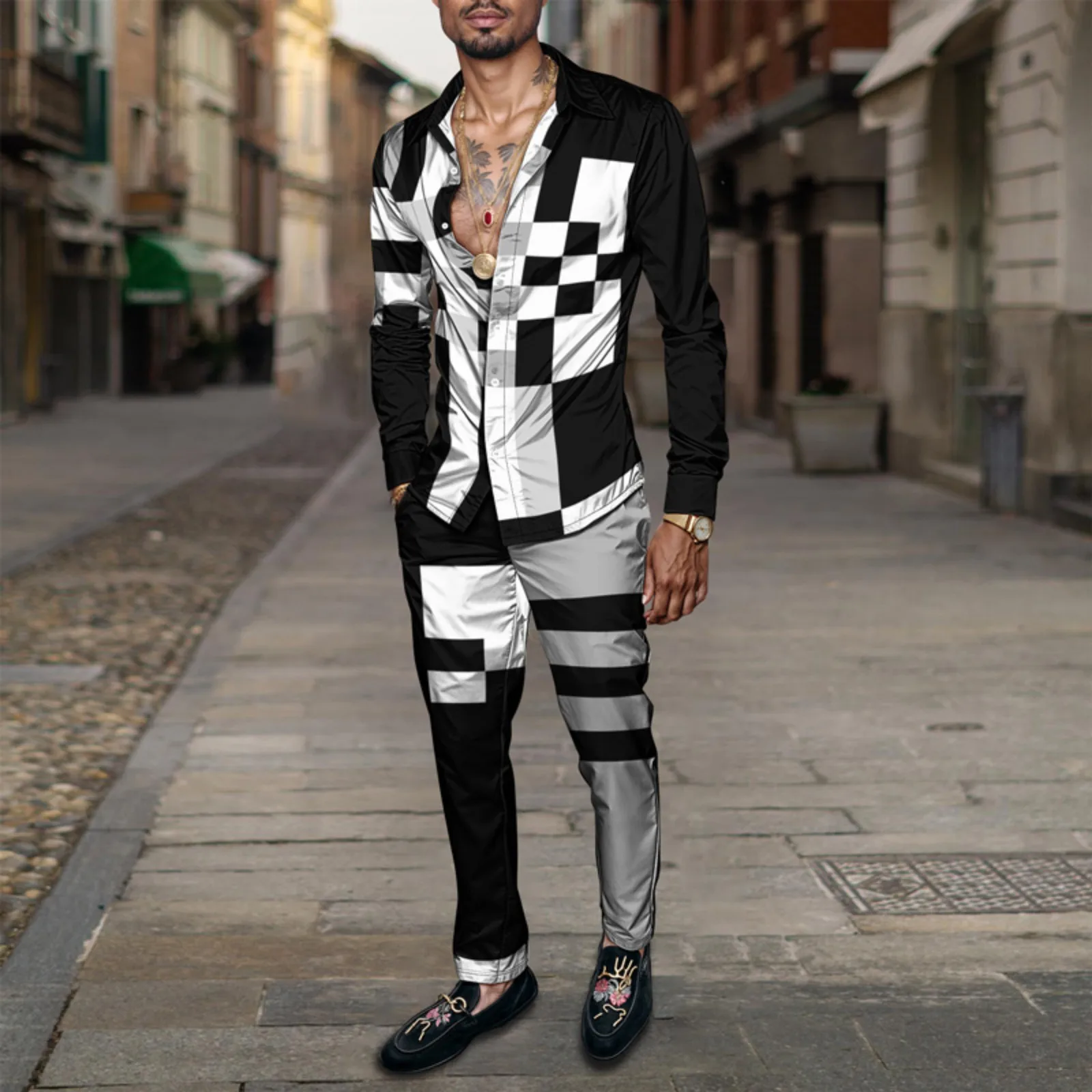 طقم قميص رجالي لربيع وصيف 2025 طباعة ذئب أنيقة تتميز بتصميم السماء المرصعة بالنجوم مكون من قطعتين طقم كون رجالي خفيف الوزن