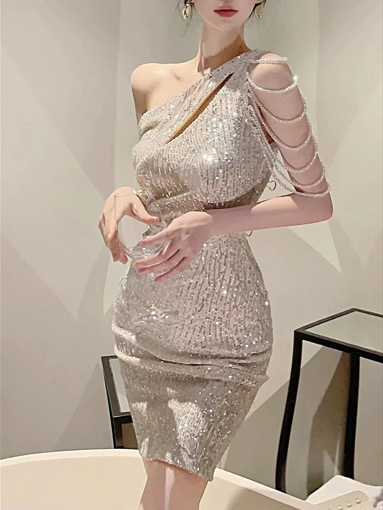 Evening Dress One-Shoulder Sequins Tassel Sleeveless Elegant New Mini Women Formal Party Dresses