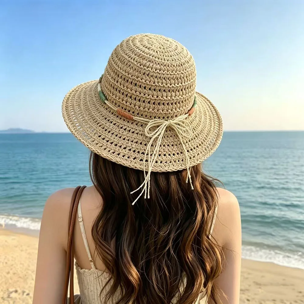 Summer Ethnic Style Bucket Hat for Women Foldable Sun Crochet Hat Beach Travel Vacation Handmade Straw Hat Breathable Panama Cap