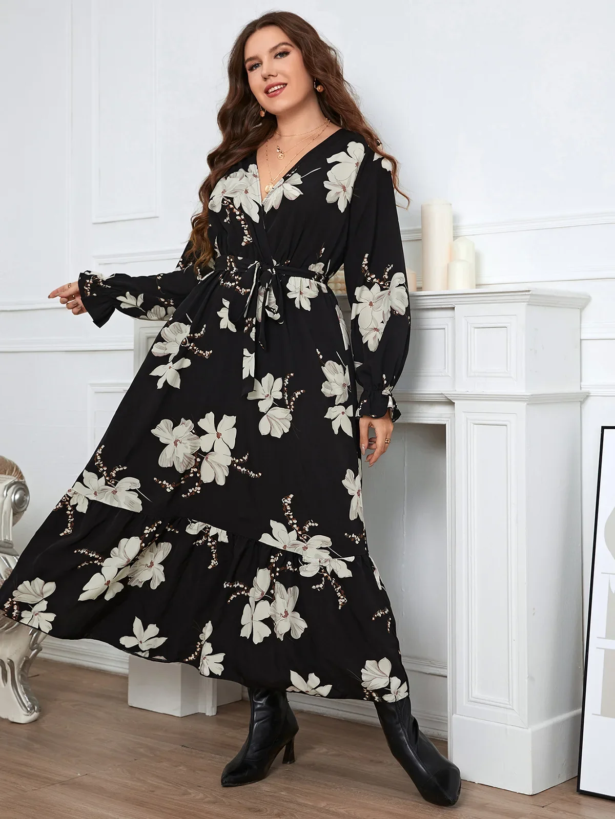 Plus Size Summer Women Dress Wraped V Neck Swing Dresses Waist Belt Floral Pring Robe Ruffle Hem Long Sleeves Female Sundress