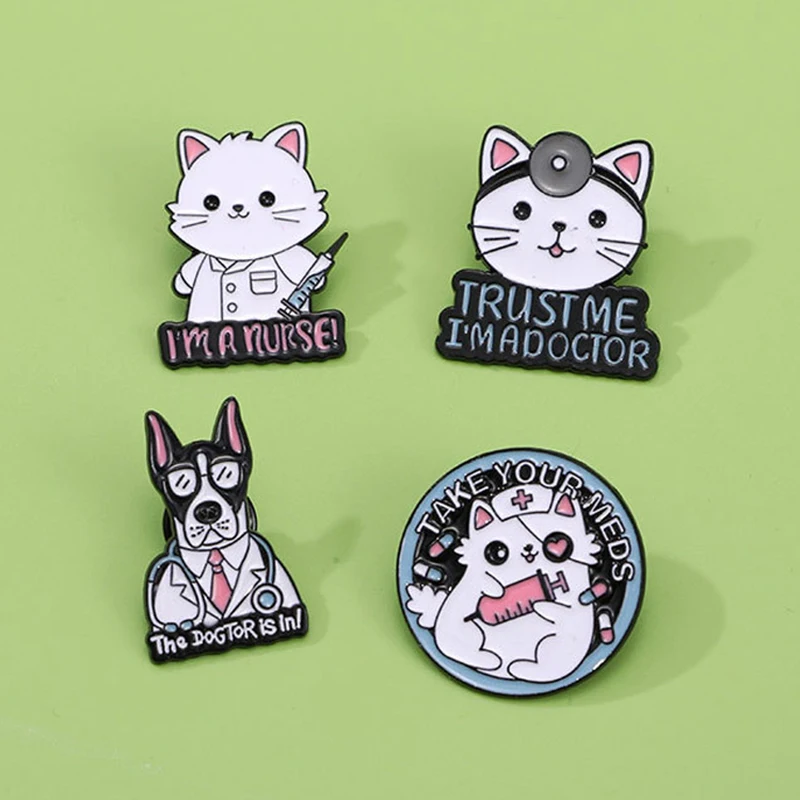 

Cute Cat Doctor Metal Brooches Trust Me I'm Doctor Syringe White Cat Nurse Stethoscope Dog Doctor Badge Punk Lapel Pins Jewelry