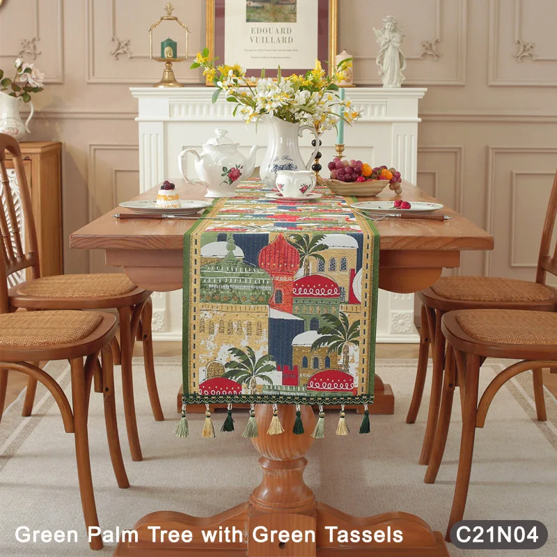 

Elegant Middle Eastern Table Scarf with Tassels - Oasis Castle & Camel Jacquard for Festive Decor