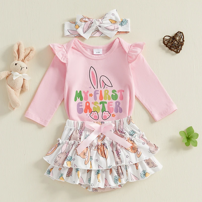 

Adorable Baby Girl Easter Outfits with Cute Letter Print Crew Neck Long Sleeve Romper Ruffles Shorts and Matching Headband -