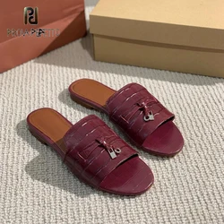 Shiny Leather Ladies Lock Fringe Tassel Fashion Slipper Shoes Comfortable Flat Casual Open Toe Lazy Mules Slip on All Match Shoe