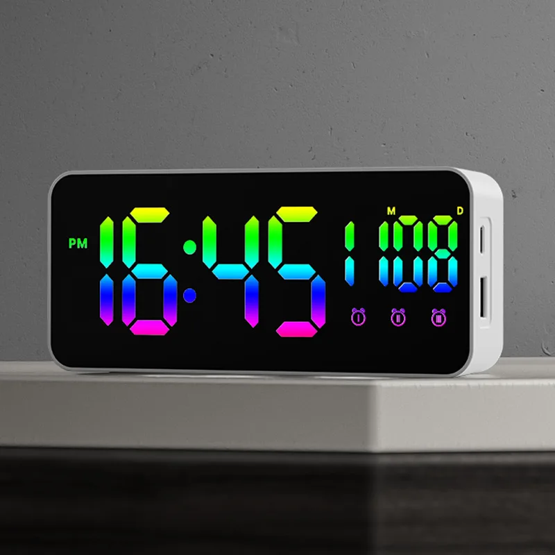 Colorful Digital Alarm Clock Voice Control Temperature Date Dual Alarm Snooze Table Clock Night Mode 12/24H LED Clock Watch