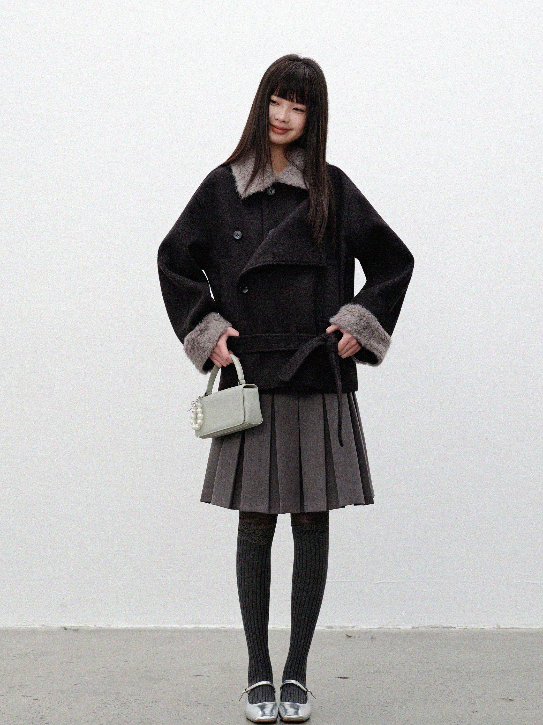 

AUNP Thiened Woolen Coat Women's Winter Faion Slim Fit Cotton Lined Coat with Fur Collar Korean Sle Long Sve Coat