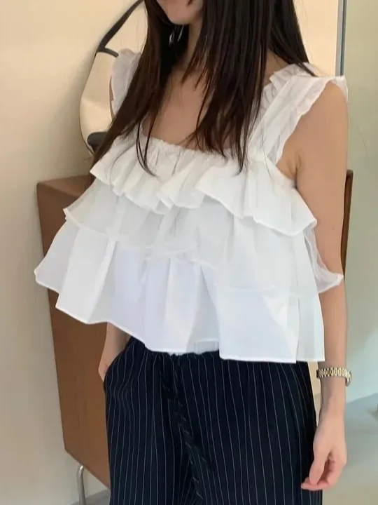 

Шикарный жилет с рюшами, женский белый сладкий дизайн, ощущение возраста, летний новый жилет для поездок на работу, ветер, чистый цвет, другой материал