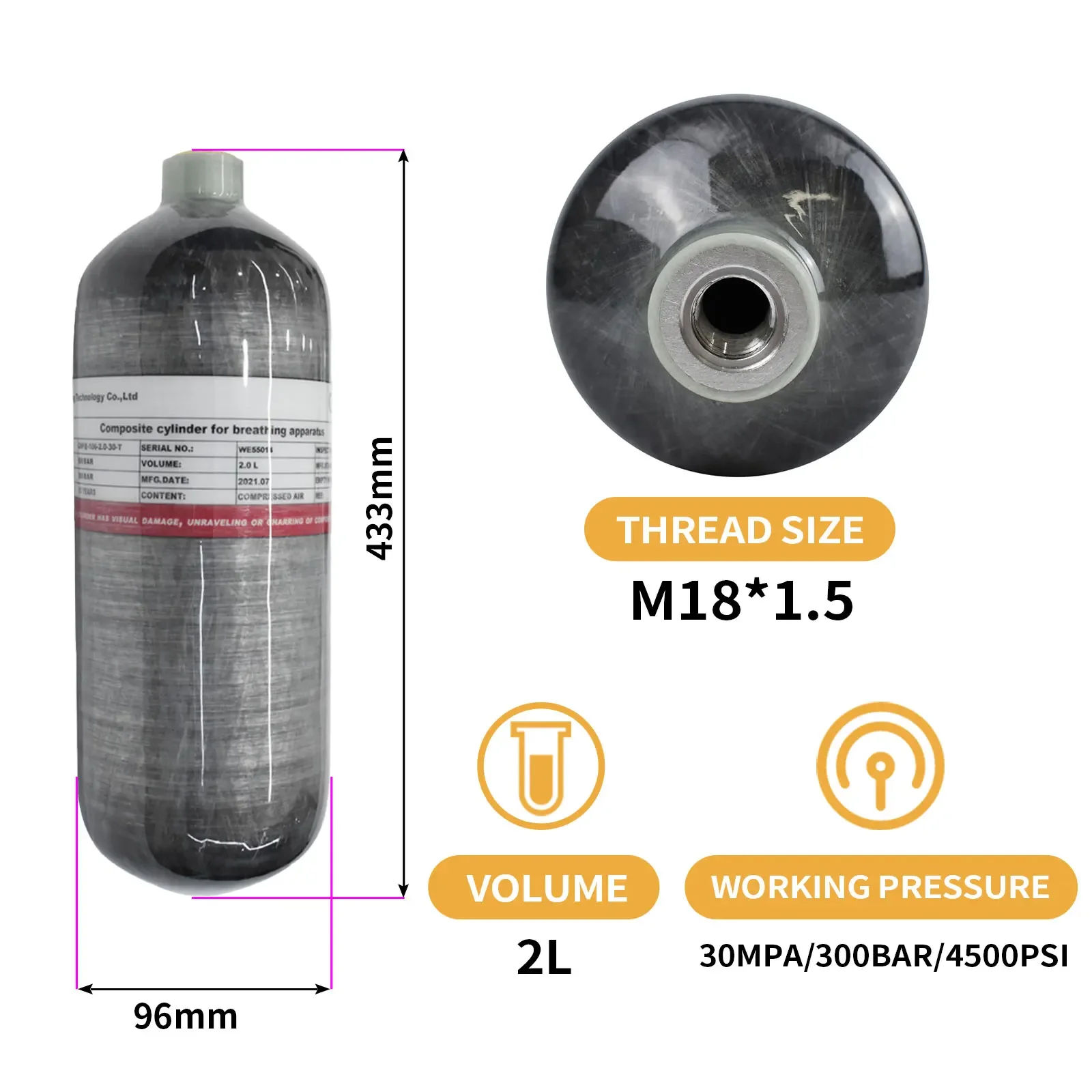 Imagem -02 - Tuxing-tanque de Mergulho o Cilindro de Fibra de Carbono Garrafa de ar para Mergulho Rosca M18 1.5 4500psi 300bar 2l de Alta Pressã
