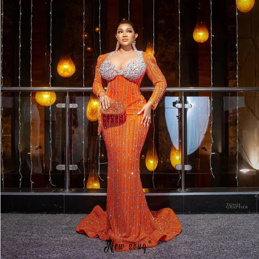 Vestido de noche naranja brillante africano para mujer, vestido musulmán de sirena de talla grande, vestido de graduación Formal para mujer, vestido de fiesta elegante para niña negra, 2024