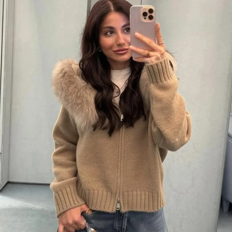 Mingmingxi Winter Female Sweater Hoodie Cardigan Fluffy Zipper Patchwork Long Sleeve Ribbed Solid Knit jacket Coat