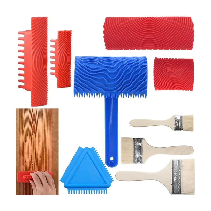 ABGH-Wood Grain Tool,9Pcs Fake Wood Grain Roller Paint Brushes Graining Tool Paint Look Like Wood DIY Painting Tools