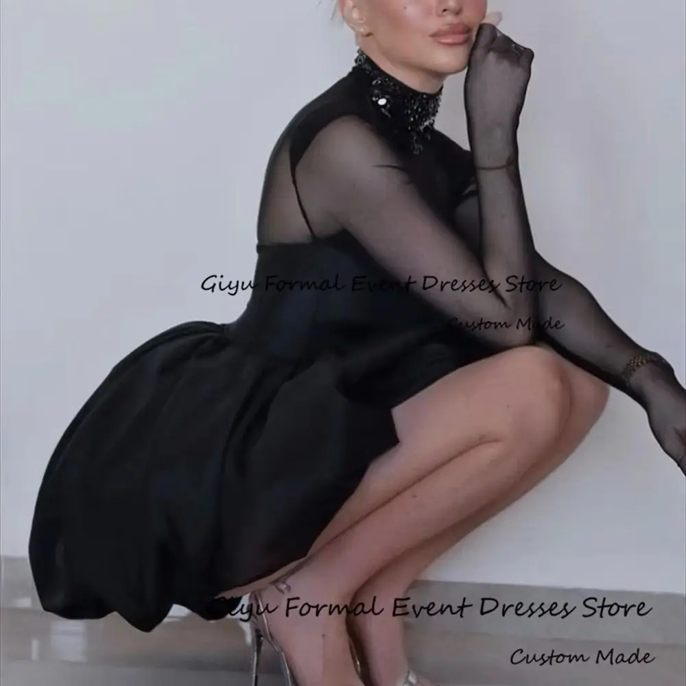 

Giyu Черное коктейльное платье трапециевидной формы с рюшами и высоким воротом, мини-длина выше колена, платье для дня рождения, платье для выпускного вечера с длинными рукавами