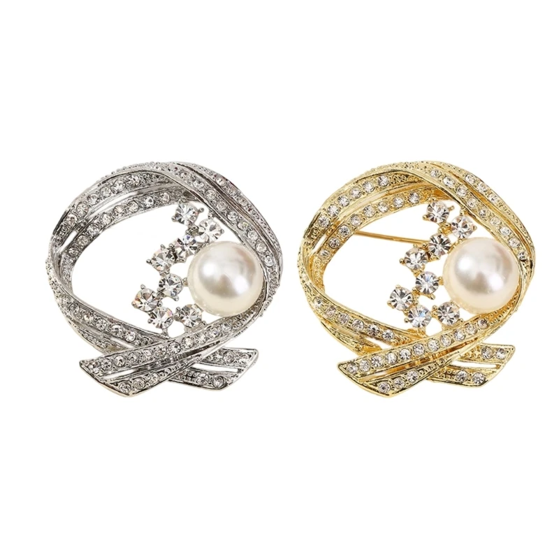 31BF Versatile Crystals Pearls Brooch Pin for Hats Bags Dresses Comfortable Alloy Jewelry Gift for Women