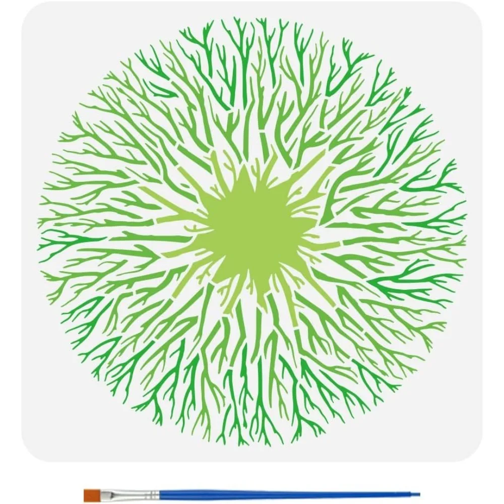 Plantilla de raíz de árbol para pintar, plantilla de árbol de la vida hueca de 11,8x11,8 pulgadas con pincel, pintura de ramas de árbol redonda reutilizable