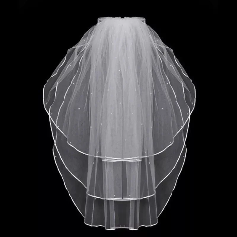 3 Layers Women Bridal White Wedding Tulle Veil Ribbon Edge Faux Pearl Beaded Embellishment Center Cascade Marriage With Big Comb