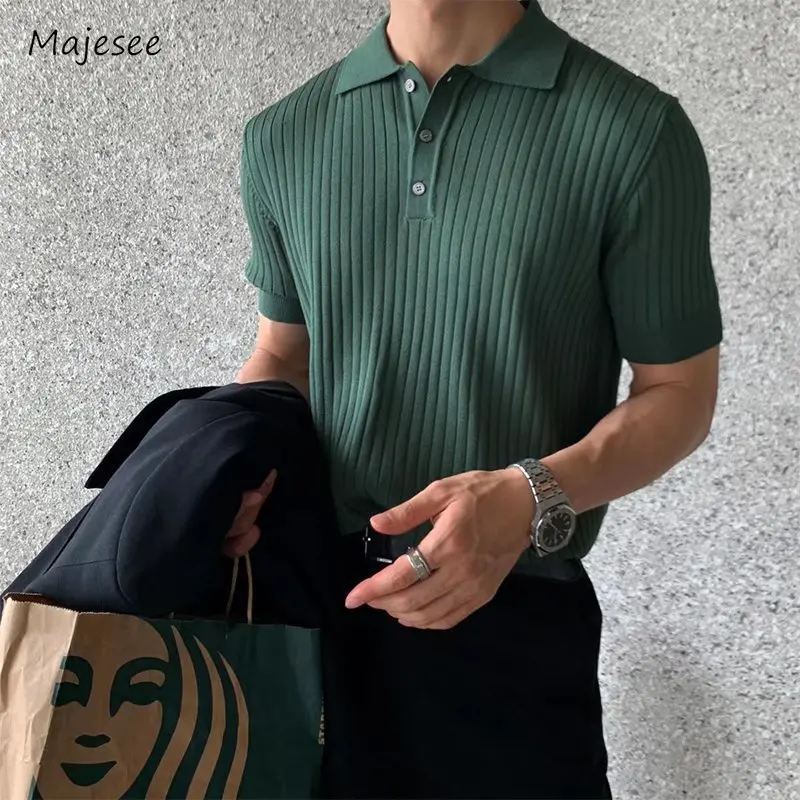 Knitted T-shirts Men Summer Half Sleeve Pure Color Handsome Gentle Chic Daily Simple Korean Style Lounge Wear Tops Streetwear