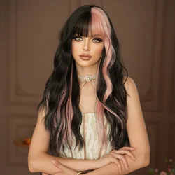 NAMM Synthetic Hair Wigs Long Water Wave Black Highlight Pink Wig with Bangs for Women High Density Heat Resistant With Bangs