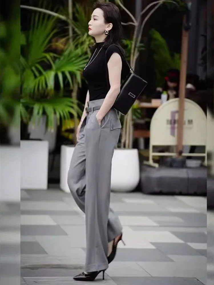 Grey with Belt Trousers Woman Wide Leg Summer 2024 Top and Pant Sets for Women 2 Pieces Comfortable Clothes New Matching Outfit