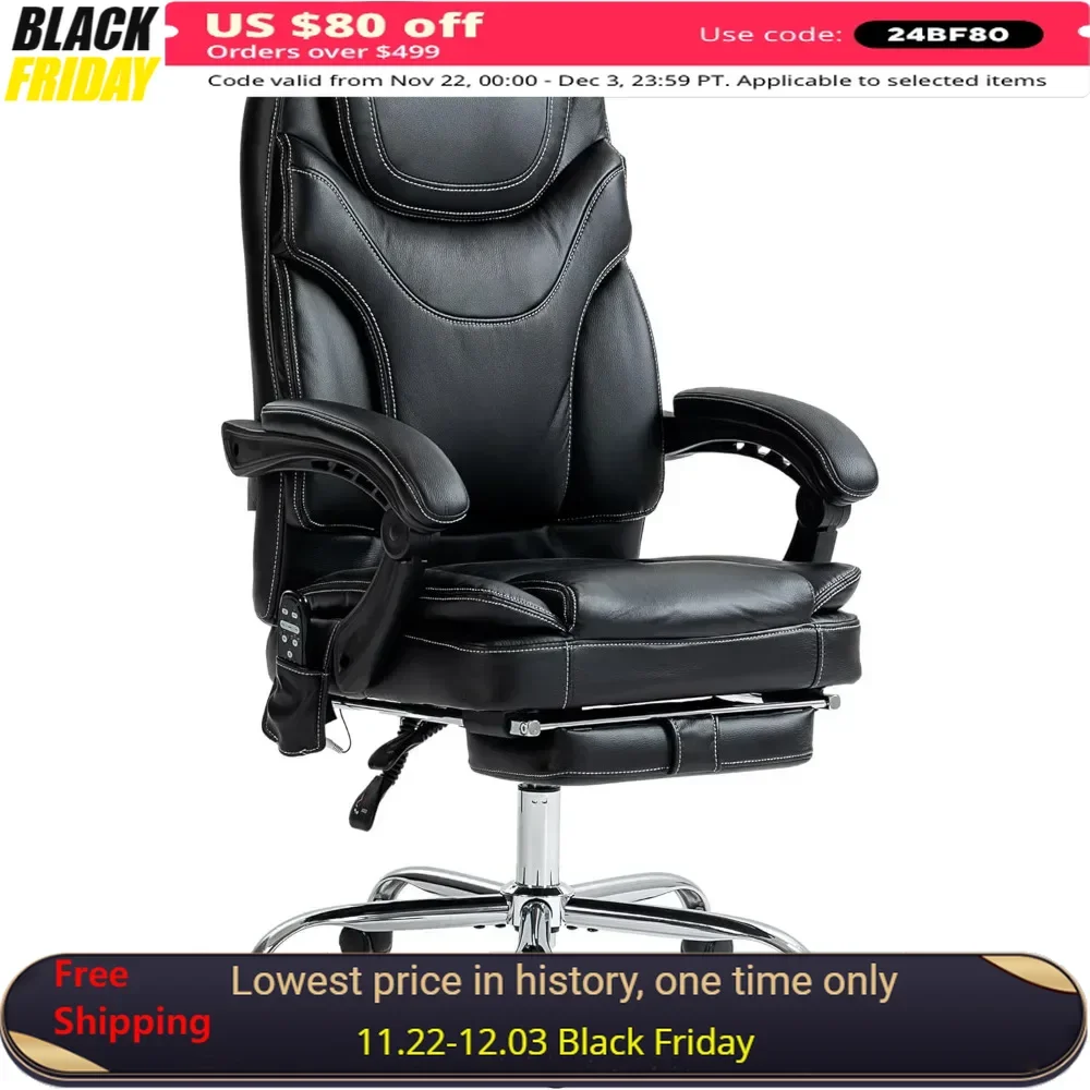 

PU Leather Vibrating Massage Office Chair with 6-Point Heated Reclining Computer Chair, Adjustable Height, Foot Pedal - Black