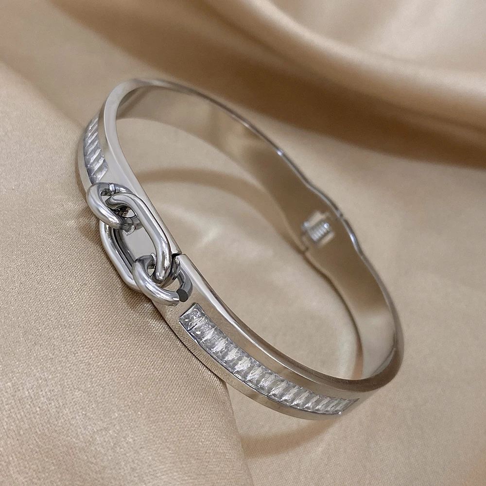 AENSOA  Stainless Steel Lock Buckle Cubic Zirconia Charm Bangle Cuff Bracelets for Women Men Punk Gold Plated Waterproof Jewelry