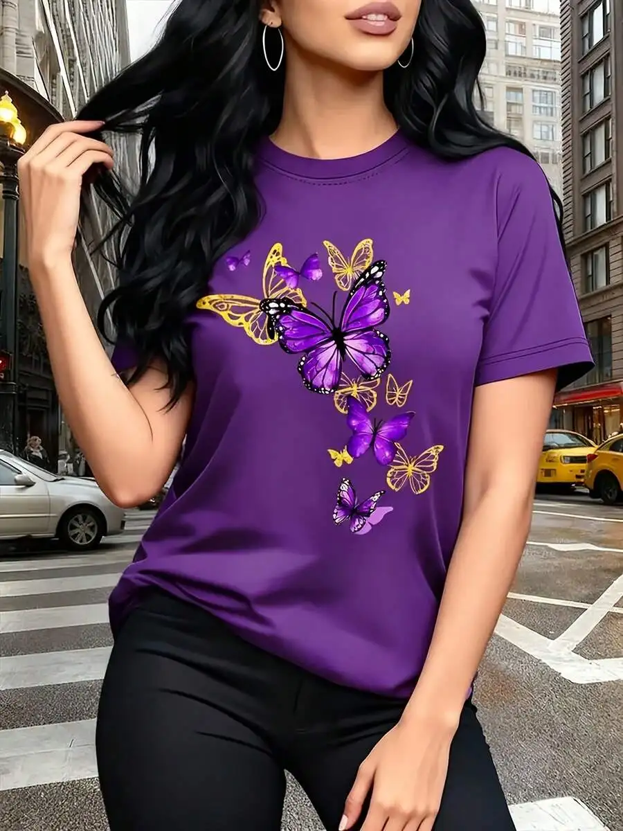 New T-shirt with Butterfly Pattern Print Round Neck Golden Element Design Exquisite and Gorgeous Breathable and Lightweight