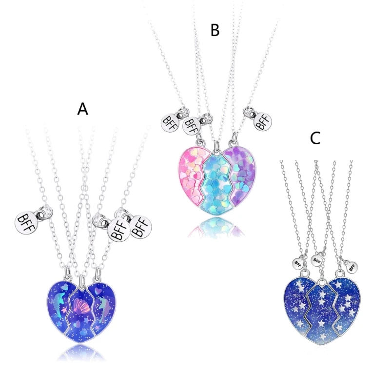 Magnetic Night Glow Glitter Necklace, Dolphin Heart Pendant, Unique Choker, Joias para Mulheres e Meninas, 3 Pcs