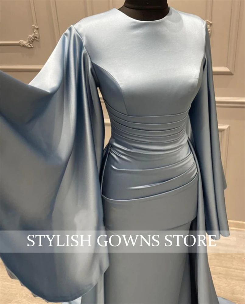 Muslim Blue High N Evening Dress Long Sleeve Pleat 2023 Wedding Occasion Gown Birthday Party Gown vestidos de ocasión Customized