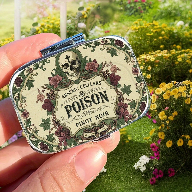 Square Pill Box with Skull and Poison Motifs, Double-Layer Grid Pill Box, Portable Household Storage Box, Suitable for Carrying in Pockets, Wallets, or on Travel, Unique Gift, Tablet Storage Bag, Medicine Organizer, Food-Grade Safe Materials, Durable and Long-Lasting