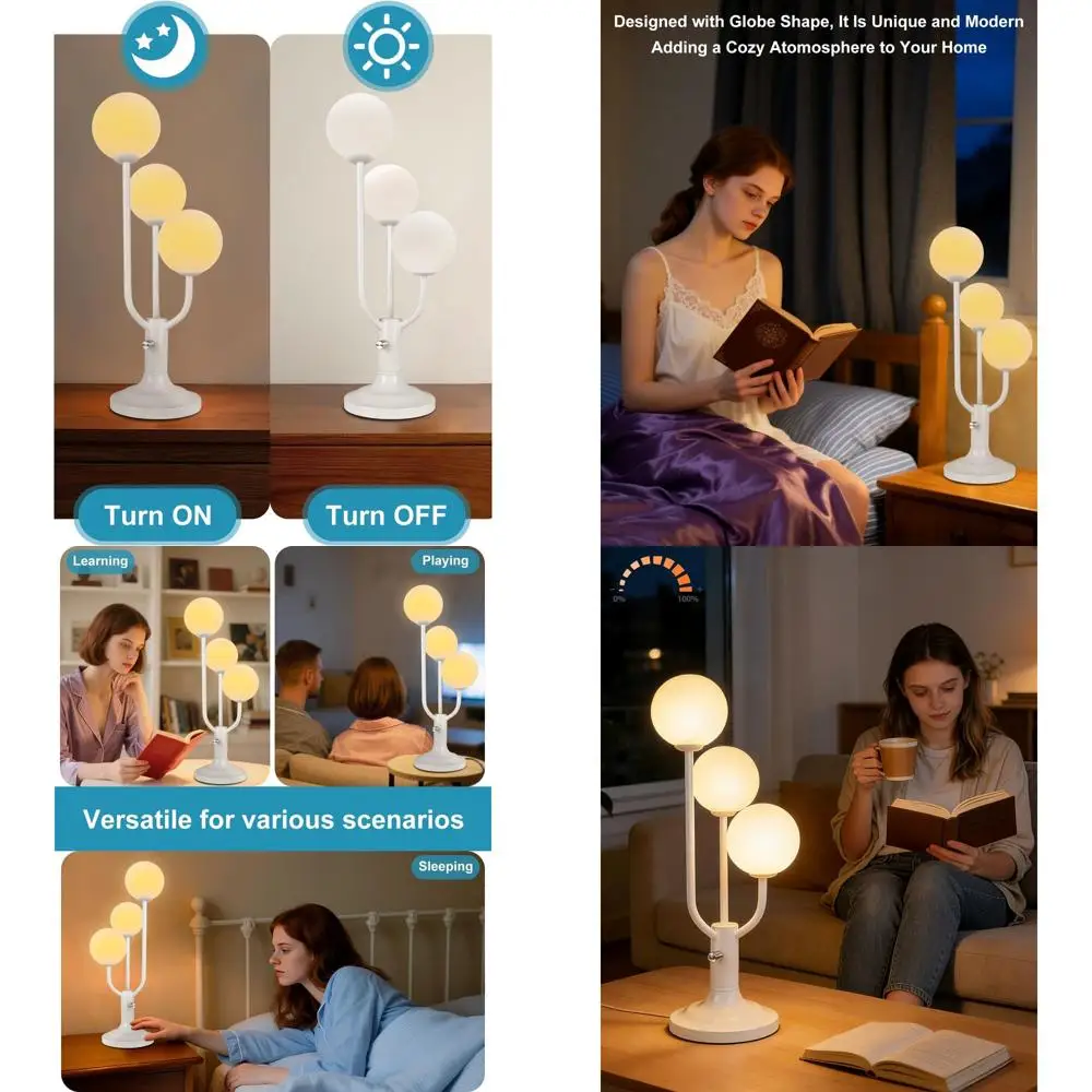 Mid-Century Modern 3-Light Dimmable Desk Lamp with Warm White Globe, 3000K, Nightstand Light, G9 Bulb Included