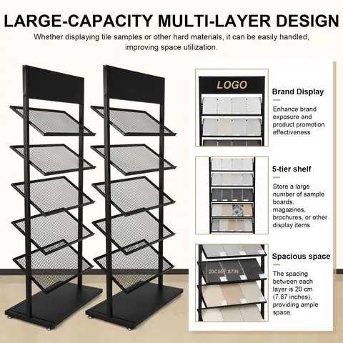 5 Tier Metal Floor Standing Tile Display Holder, Porcelain Display Stand Ceramic Tiles Sample Display Rack With Wheels