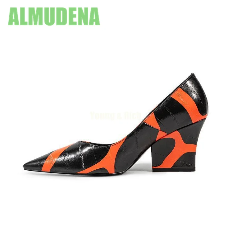 

Thick Heeled Pointed Single Shoes New Fashionable Black Orange Minimalist Painted Style High Heels for Work and Commuting