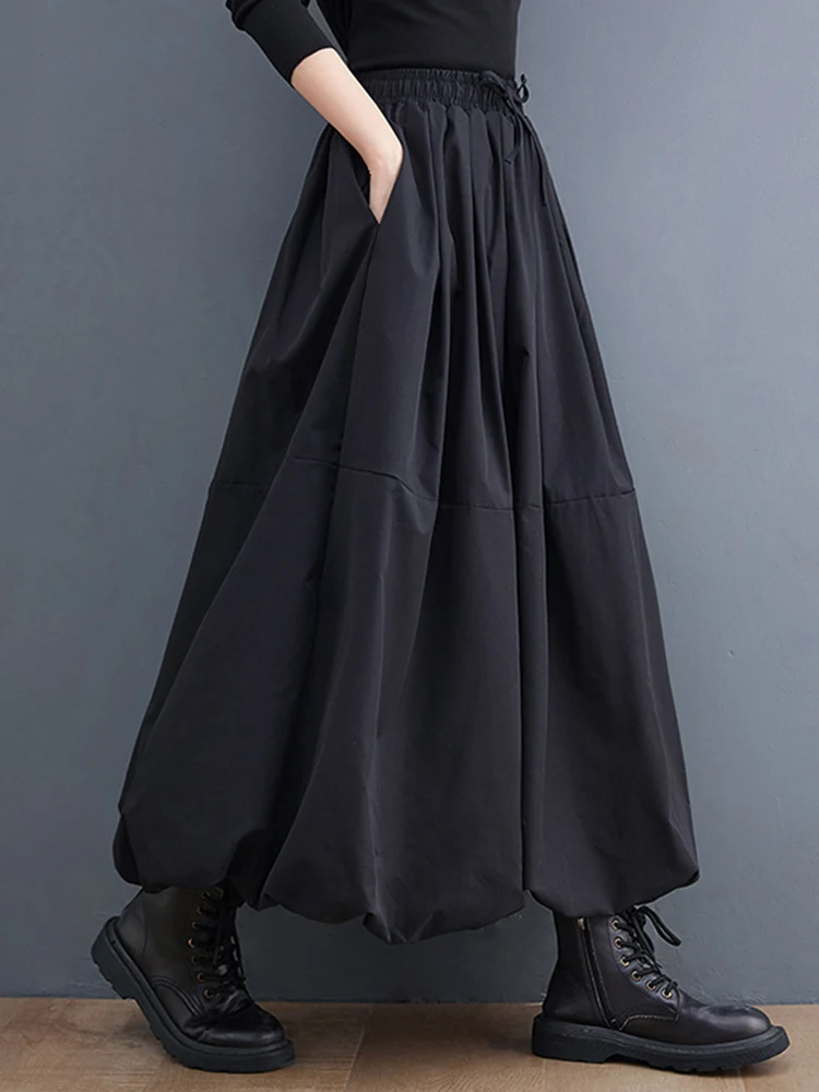 Black Vintage High Waist Puffy Women's Skirt Plus Size Fashion Drawstring Loose Casual Long Skirts Clothes Spring Autumn 2025