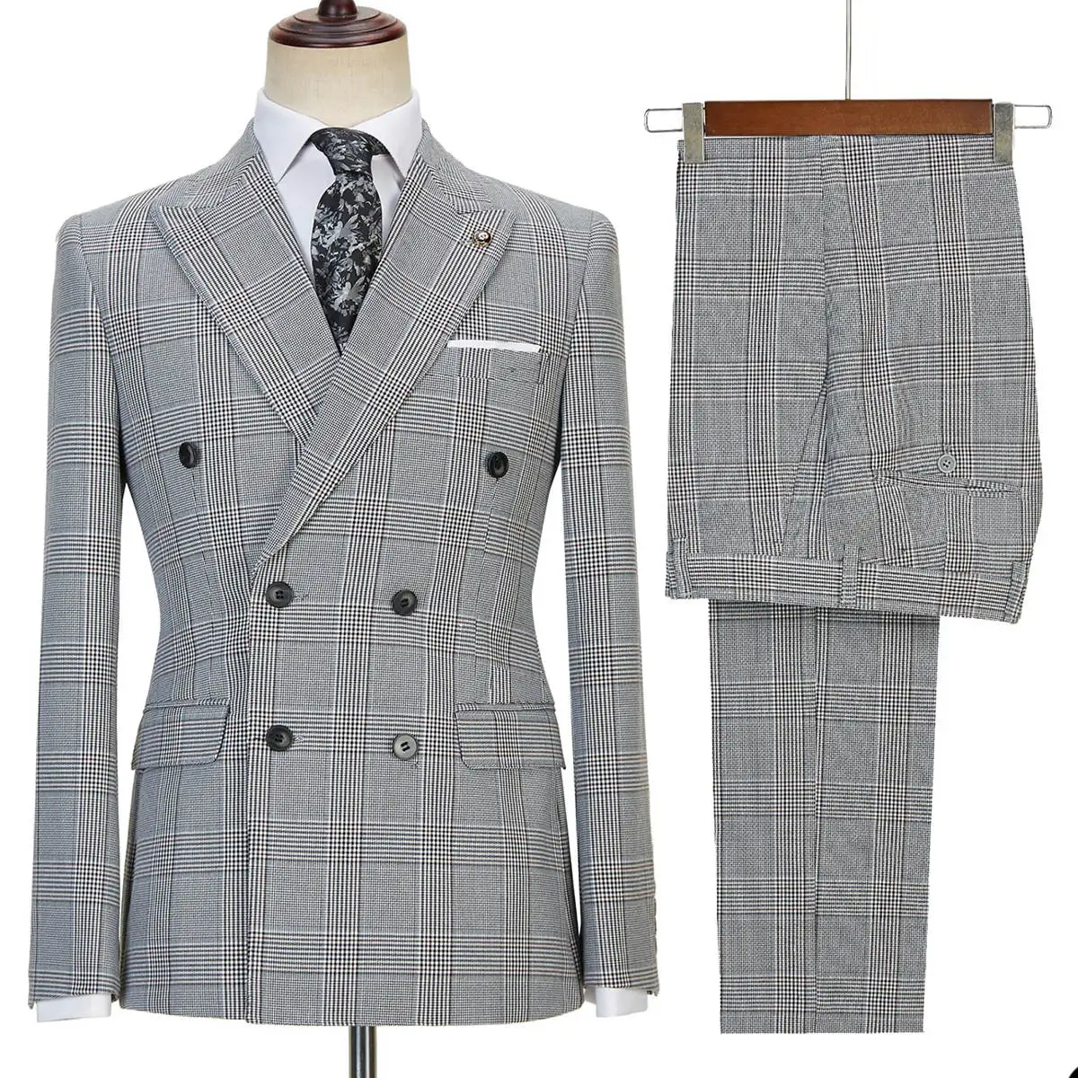 Formal Plaid Checked Men's Tuxedo Suits 2 Pcs Customized Double Breasted Blazer Cocktail Business Evenings Dinner Party Suits