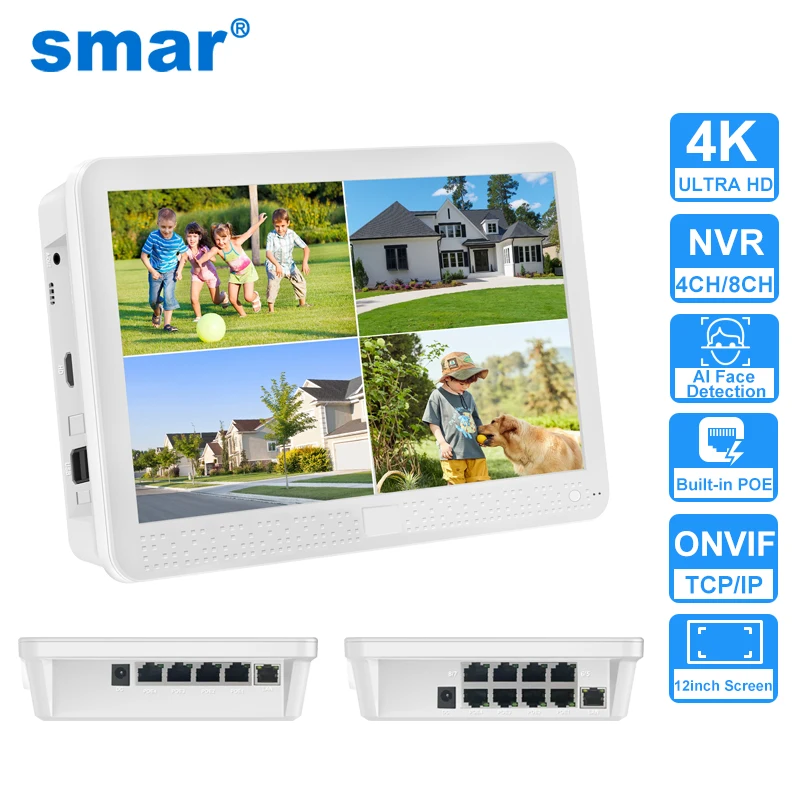 

Сетевой видеорегистратор Smar 4/8CH POE NVR с монитором, сетевой видеорегистратор 4K Ultra HD, 12 дюймов, H.265, сетевой видеорегистратор для камеры безопасности, приложение ICSee