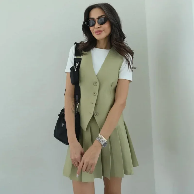 Two Piece Set Women Skirts Sets Folds Mini Skirt Sleeveless V Neck Button Splice Vests Dress Sets Work Elegant Summer Spring