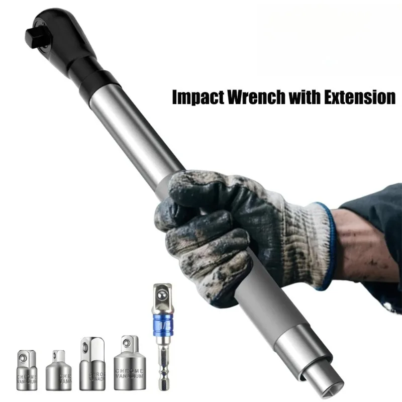 Tight Space Offset Impact Extension Wrench Auto Repair Tool with 4 Socket Adapters 1/2 Inch Drill Adapter
