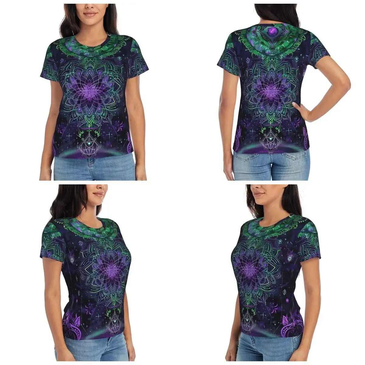 Retro Celestial Neon Glow With Astrological Symbols And Starry Night Design T-Shirt for Women O-Neck Streetwear