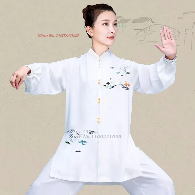 

2025 китайский винтажный набор для боевых искусств, тай-чи, ушу, тренировочный комплект с цветочным принтом, тай-чи, ушу, тренировочные топы + штаны для кунг-фу