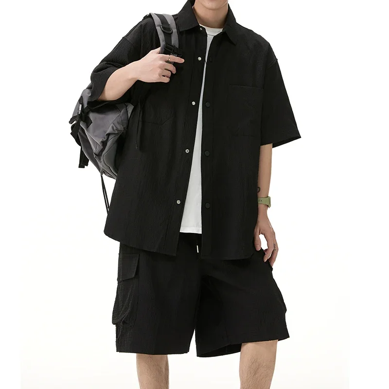 Лето 2025 г., свободная мужская одежда для повседневного отдыха, рубашки-карго с короткими рукавами и лацканами и шорты-карго, мужские костюмы из двух предметов, винтажные комплекты