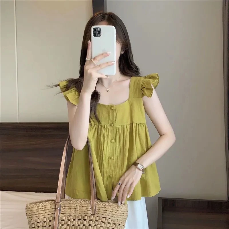 

Sweet Shirts Women Clothing Flying Sleeve Square Collar Blouses 2025 Camisas De Mujer Loose Fashion Suller Ruffles Summer Tops