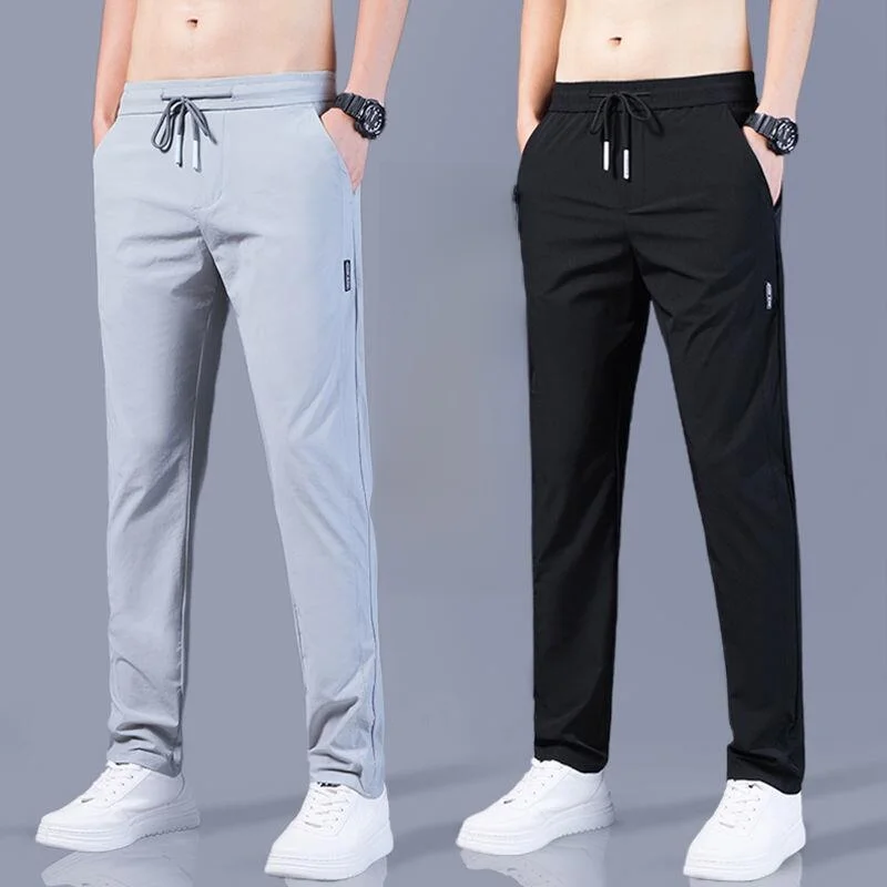 Men's Casual Long Pants Summer Thin Ice Silk Air Conditioning Straight Loose Korean Fashion Trend Elastic Sports Pants