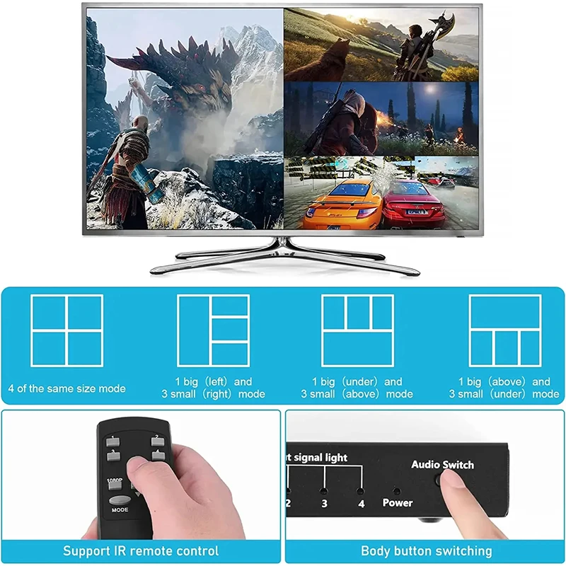 4K HDMI 8x1 Quad Multi-viewer Switcher 8 In 1 Out Seamless Switch Multi Viewer Multi Screen Display Video Divider Converter