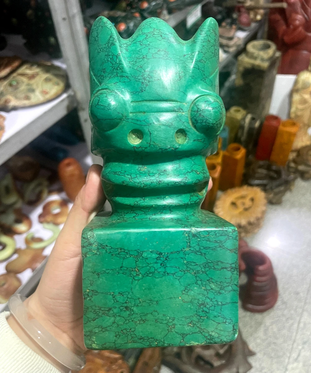 

18cm Hongshan Culture Turquoise Carved Fengshui Jade Pig Dragon Sun God Statue Seal Stamp Signet