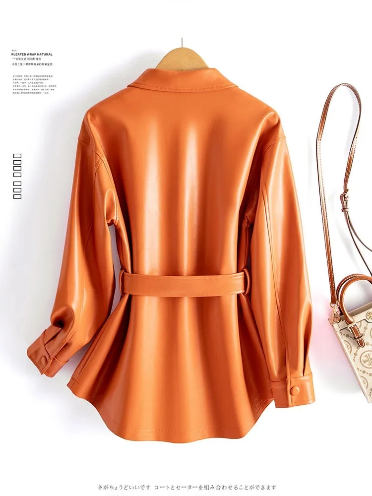 Faionable Slim Fit ort Women's Leather Jaet Large Size eepskin Coat Sli Korean Sle Haining Genuine Leather