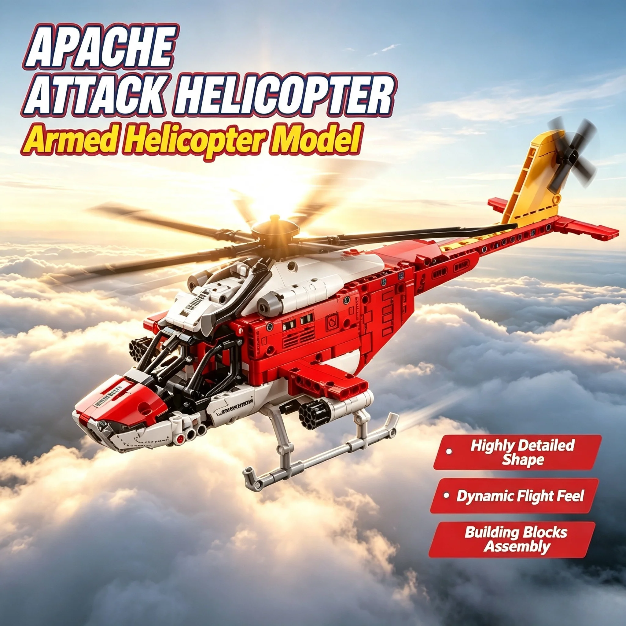 Military Attack Helicopter Building Blocks Set, Movable Rotor & Detachable Missile Bricks Model, Collectible Military Aircraft T