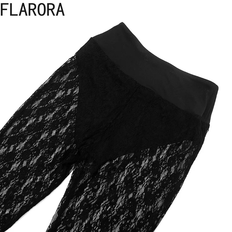 FLARORA Sexy Lace Patchwork Legging Pants Woman Solid Color See Through High Waist Skinny Pant Hottie Wild Street Spring Bottoms