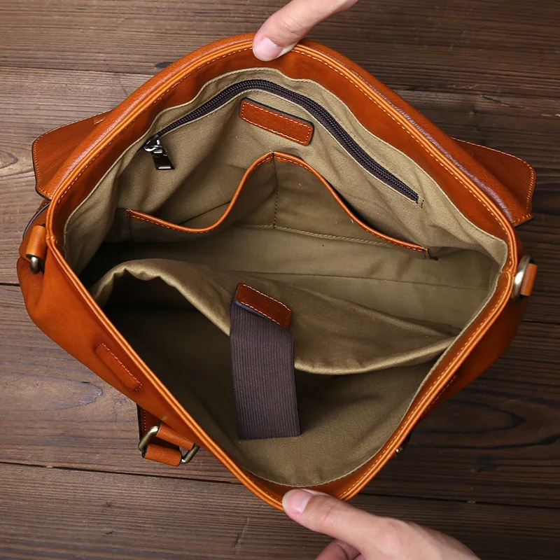 JLFGPJ Men\'s Briefcase Leather Retro Casual Horizontal Style Vegetable Tanned Top Layer Cowhide Crossbody 13 inch Computer Bag