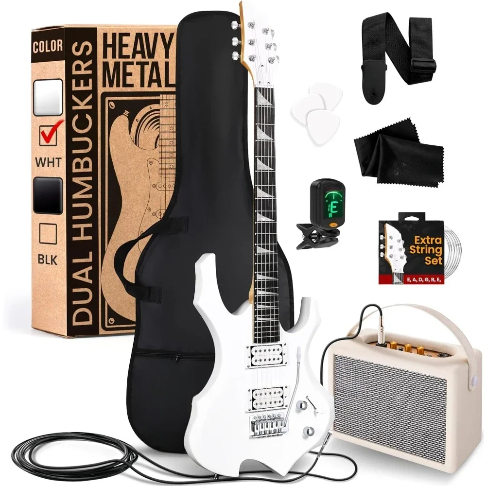 

Heavy Metal EG Fire Electric Guitar Axe w/ Amplifier Kit, Full Size Instrument w/ Practice Amp & Accessories, White Matte