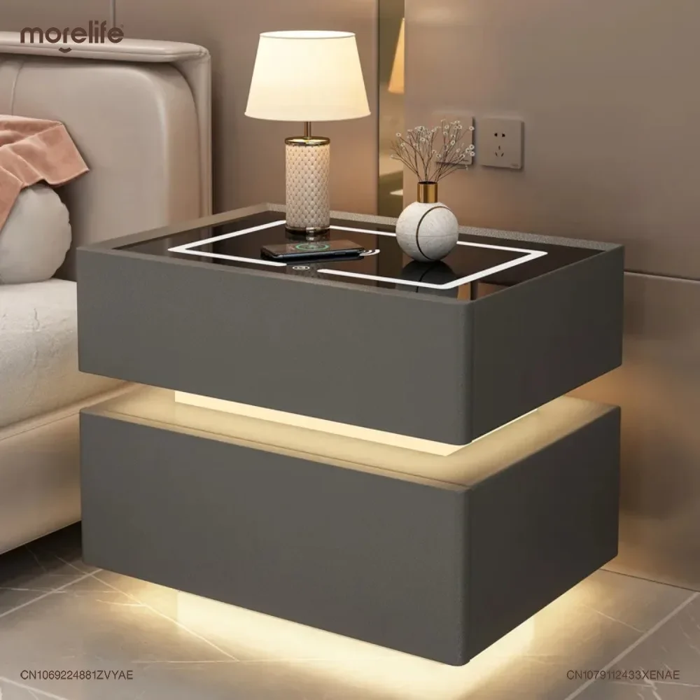 Intelligent Bedside Table With Light Bedroom Full Solid Wood Password Lock Bedside Storage Cabinet Led Light Wireless Charging